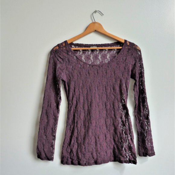 SOLD Longsleeve Sheer Lace Shirt, Eggplant/Plum - Picture 3 of 6